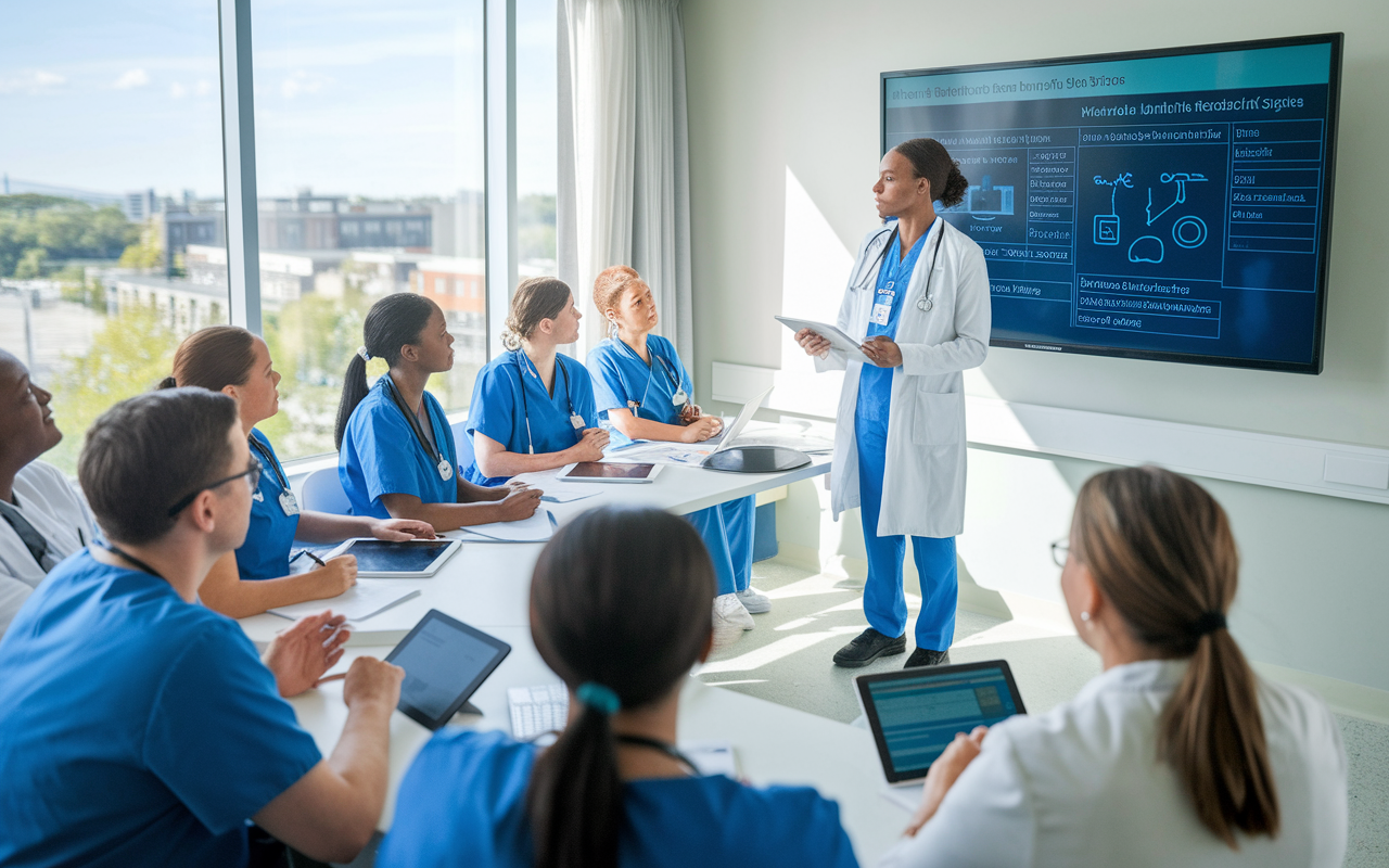 A healthcare training session in progress with a diverse group of medical staff listening attentively as an instructor demonstrates a new Electronic Health Record system on a large screen. Employees are engaged, taking notes, and using tablets to learn hands-on. The room is bright and well-equipped, filled with motivation and the promise of improved patient care through technology. Large windows let in natural light, showcasing a positive learning environment.