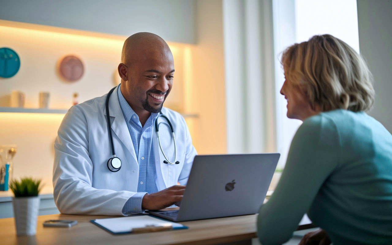 An engaged physician using a laptop within a bright examination room, reviewing a patient's Electronic Health Record in an intimate setting. The doctor is interacting with the patient, who appears relaxed and comfortable in this modern, well-designed clinic. Ambient lighting and health-related decorations create a warm atmosphere, emphasizing the importance of personal communication in a technology-driven healthcare environment.