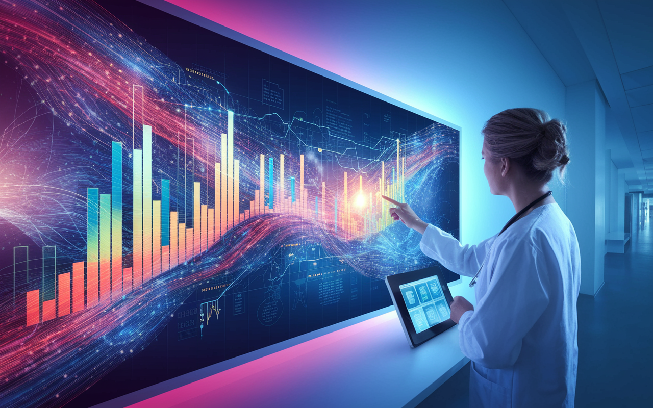 A vibrant digital mural showing an abstract representation of healthcare data analytics. Flowing streams of colorful data points converge into sharp, bold graphs illustrating patient risk factors, age, and lifestyle influences. In the foreground, a healthcare provider interacts with a touchscreen display, indicating potential health risks with an air of determination in a well-lit, high-tech healthcare setting.