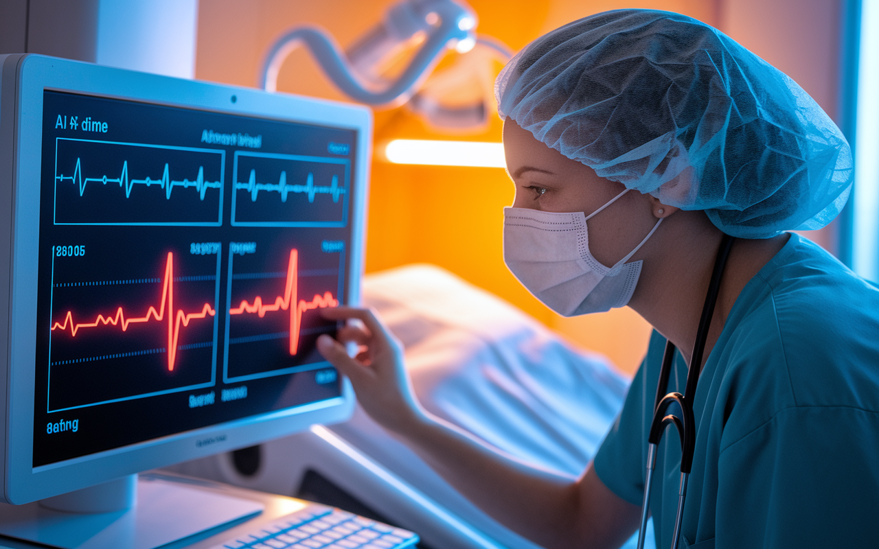 A scene inside a closely monitored patient care area, featuring a healthcare professional attentively observing a screen displaying real-time data from wearable devices. Bright predictions of abnormal heart rhythms are illustrated with glowing alerts, highlighting the urgency of AI-driven early detection. Warm lighting bathes the room, emphasizing the blend of technology and compassionate patient care.