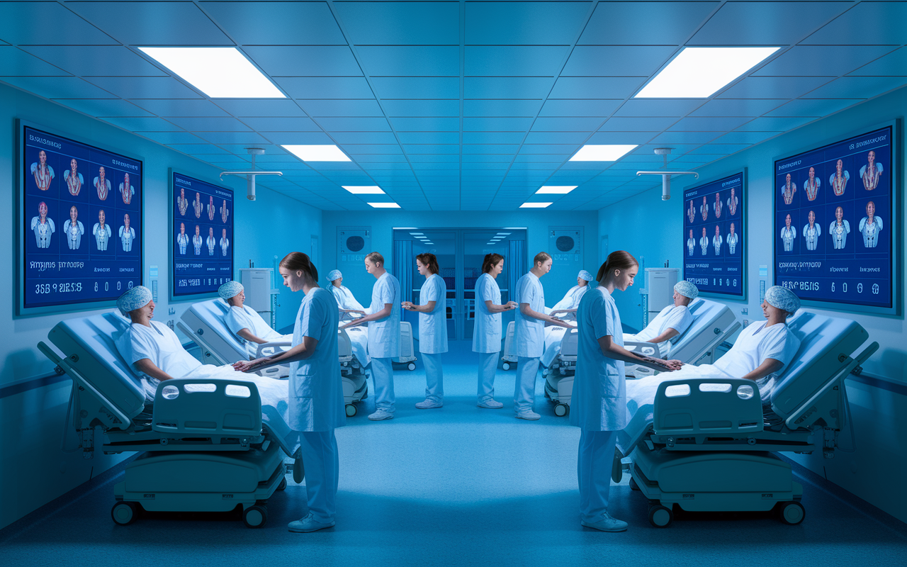 A busy hospital emergency room where an AI system guides nurses and doctors as they triage patients. An advanced digital dashboard shows patients categorized by symptoms and medical history. Clinicians are quickly assessing, with looks of focus and relief featuring vivid screens and automated processes ensuring critical cases are addressed first. Bright, high-energy lighting fills the space, highlighting the efficiency of AI-assisted workflows.