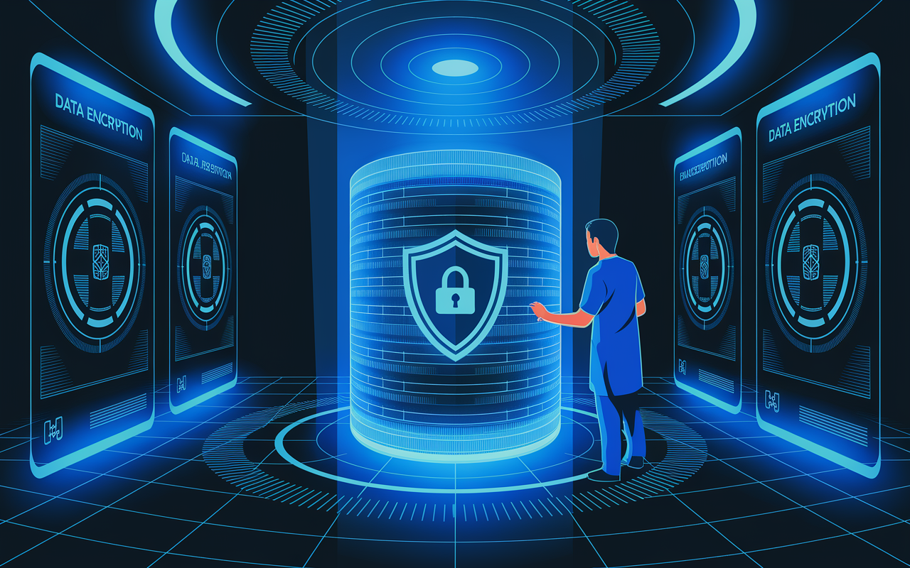 An illustration highlighting the importance of data privacy in AI healthcare systems, depicting a healthcare professional carefully monitoring a large, glowing database with a shield symbol to represent security. The room is filled with holographic displays showcasing data encryption graphics, with sleek, futuristic design elements. The lighting is calm yet focused, symbolizing the need for diligence and protection in data handling.