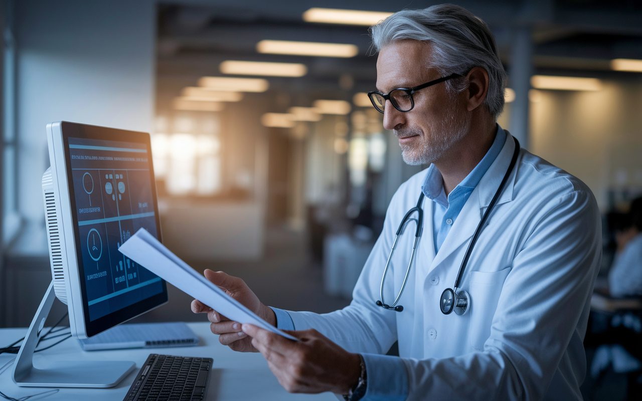 A thoughtful clinician reviewing an AI-generated diagnostic report with an air of responsibility and professionalism. The setting is a well-lit clinical office with advanced technology on display, and a warm atmosphere reflecting collaboration. The clinician examines the report closely, ready to discuss findings with patients and integrate AI insights with human empathy.