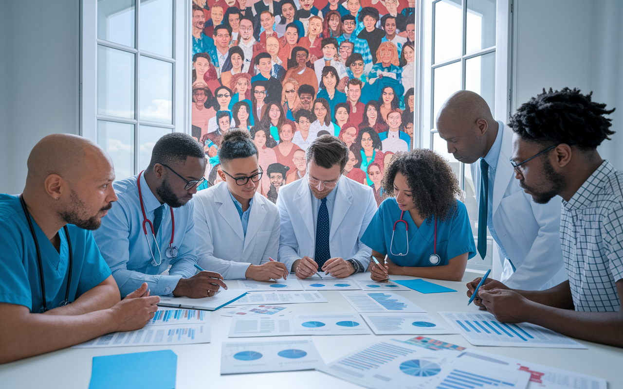 A diverse team of healthcare professionals brainstorming over a table filled with documents and data charts, symbolizing the commitment to eliminating algorithmic bias in AI diagnostic systems. A large window opens to a view of a vibrant community, depicting the diverse population that healthcare serves. The lighting is bright and engaging, fostering a sense of inclusivity and determination.