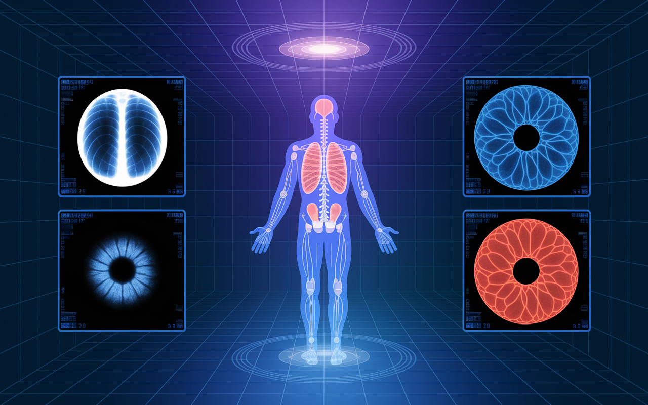 An illustrative overview showing AI algorithms analyzing various types of medical images—an X-ray, CT scan, and MRI—with highlighted areas indicating detected anomalies. Bright colors signify different analysis results, creating a visually dynamic representation of advanced medical technology in action.