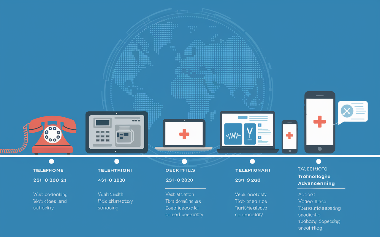 An infographic style illustration depicting the evolution of telehealth over the decades, featuring an old-fashioned telephone in the early 20th century transitioning to modern laptops and smartphones used for video conferencing. Each stage is labeled with relevant dates and technological advancements, with a timeline design that conveys growth and change in telehealth practices, set against a backdrop of a digital globe symbolizing worldwide accessibility.