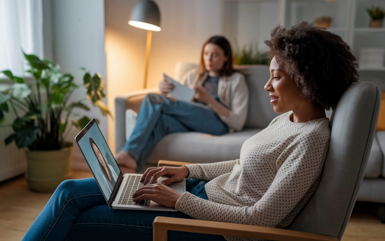 A serene home environment where a patient participates in a virtual therapy session via a laptop. The patient sits comfortably on a chair, looking engaged and relieved, with a cozy, softly lit background. On the laptop screen, a therapist listens empathetically, showcasing the accessibility of mental health services through telehealth. This scene represents hope and connection.