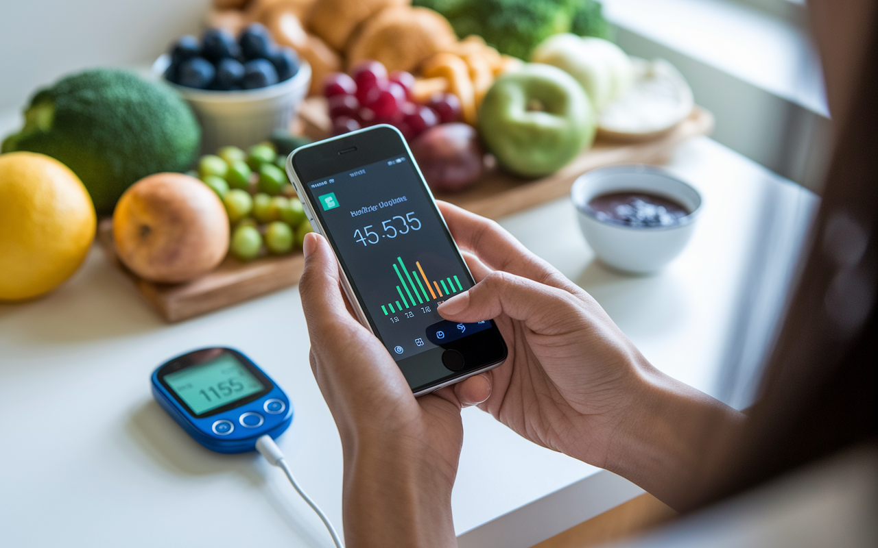 A patient is shown using a smartphone connected to a blood glucose monitor, revealing real-time data on the screen. The environment is bright and inviting, with healthy food choices in the background. The scene represents how technology facilitates better management of chronic conditions like diabetes through continuous monitoring and feedback.