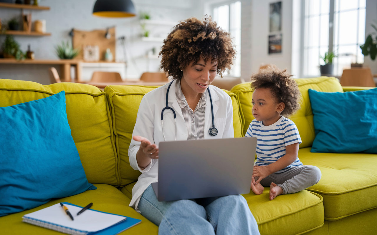 A busy home living room where a parent discusses their child's health with a pediatrician via video call on a laptop. The child, depicted next to the parent, appears engaged and curious. The space is brightly colored and playful, reflecting a child-friendly atmosphere while emphasizing the convenience of accessing pediatric care virtually.