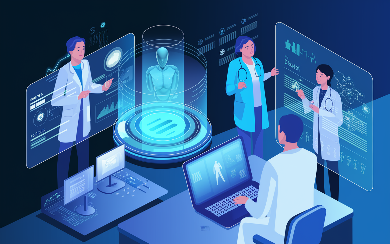 A futuristic concept image depicting advanced telehealth technologies, featuring holographic displays showing patient data, AI analytics, and virtual consultations. The medical professionals are portrayed interacting with these technologies in a modern, well-lit clinic environment. The overall tone suggests progress, hope, and the ongoing evolution of healthcare solutions.