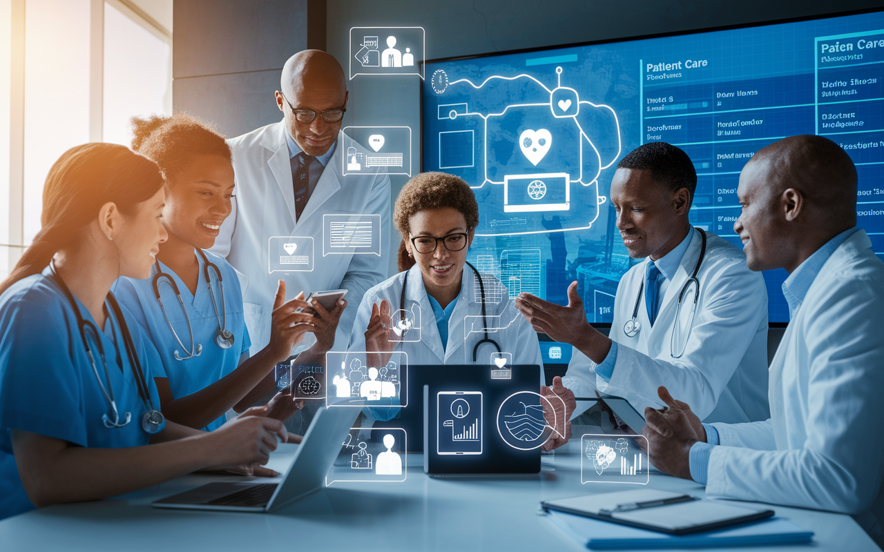 A diverse group of healthcare professionals collaborating over a digital health platform, exchanging ideas and strategies in a well-lit modern office setting. The visuals symbolize teamwork and innovation in telehealth, showcasing various technology devices like tablets and smartphones. A large screen displays patient care data, highlighting the importance of collaboration in bridging the gap in patient care.