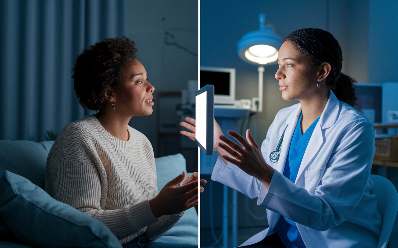 A split-screen scene showing a patient at home on one side and a healthcare provider in a clinical setting on the other side of a video call. The patient looks relaxed and is asking questions while the provider, in a lab coat with medical equipment in the background, provides guidance. Both faces are illuminated by their screens creating a focused interaction. The setting conveys professionalism mixed with the comfort of home.