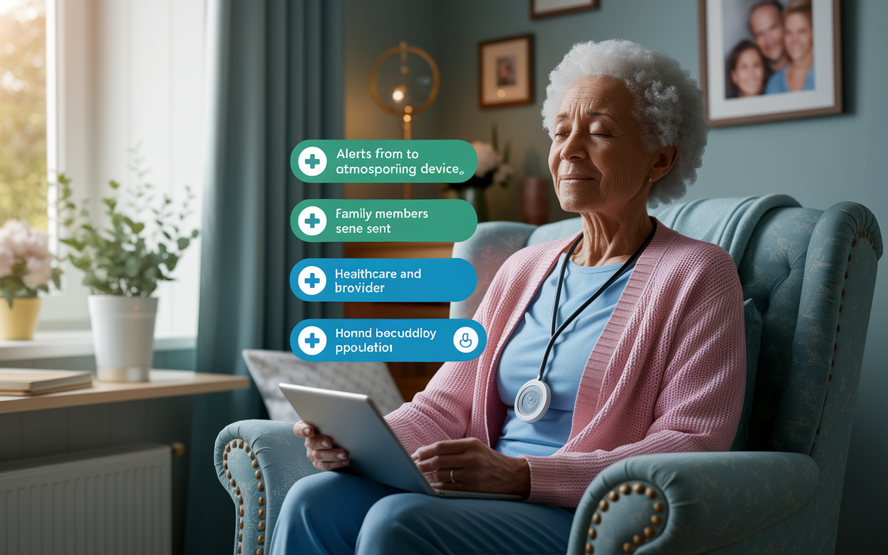 An elderly person sits with a wearable health monitoring device, looking relieved as alerts from the device are sent to family members and healthcare providers. The surrounding atmosphere is calming, filled with soft light, and homey decor. On the wall, a family photo adds a personal touch, emphasizing security and peace of mind enabled by technology. The scene encapsulates modern healthcare's digital support for vulnerable populations.