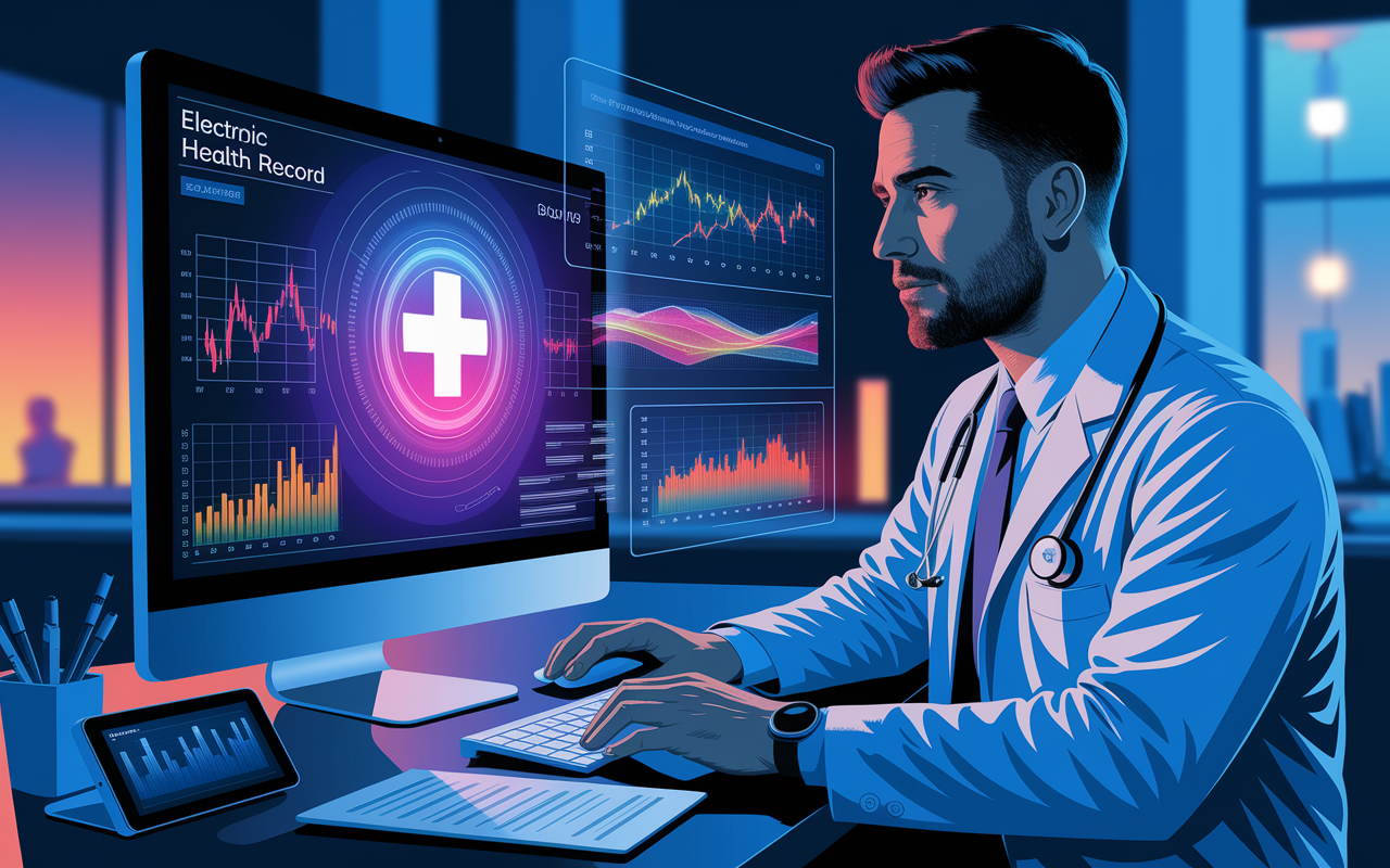 An illustration of a doctor using a computer to access an electronic health record system, with vibrant graphs and patient data displayed on the screen. The physician looks focused and engaged, wearing a lab coat, with digital health gadgets seen on the desk. The ambient lighting suggests a professional yet warm atmosphere, symbolizing the efficient use of technology in healthcare.