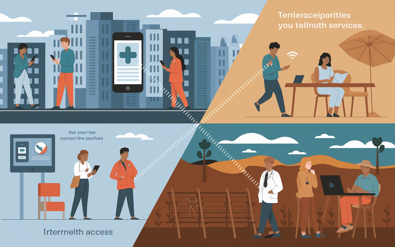 A visual representation contrasting two scenes: one shows a cityscape with people using smartphones freely, while the other displays a rural area where individuals struggle with internet access. A connecting line illustrates the gap in healthcare accessibility, highlighting the barriers that technology disparities create in telehealth services. The color palette shifts from bright urban colors to muted tones in rural settings.