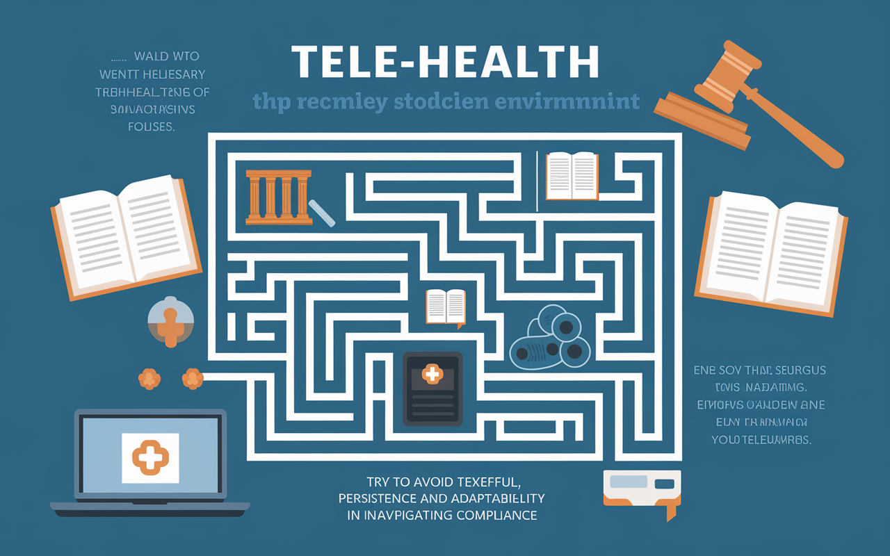 An infographic presenting a maze-like diagram symbolizing the complex regulatory environment surrounding telehealth. Symbols of law books, a gavel, and technology devices are incorporated into the maze, suggesting the challenges healthcare providers face in navigating compliance. The overall tone is serious but hopeful, encouraging persistence and adaptability in improving telehealth practices.