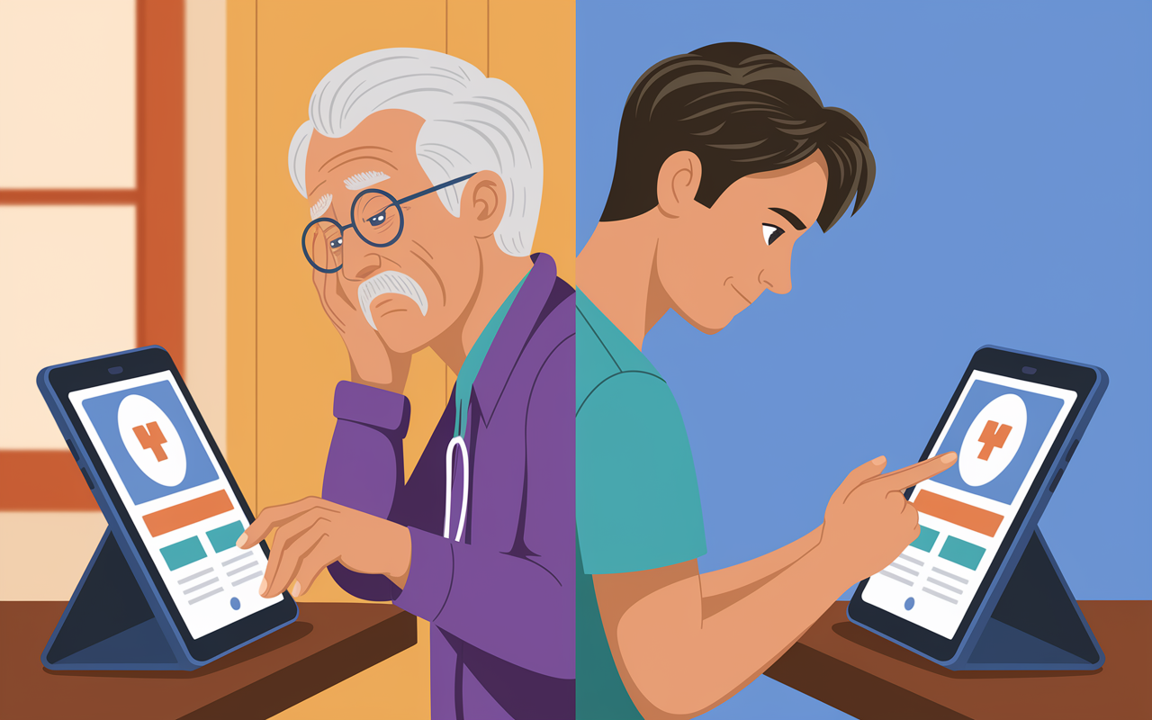 A split-scene illustrating two individuals, one elderly and confused, trying to navigate a telehealth app on a tablet, and a younger person easily using the same app. The setting is inviting, with warm colors, but the older person’s expression reflects frustration while the younger person looks confident. This contrast highlights the technological literacy gap in telehealth access.