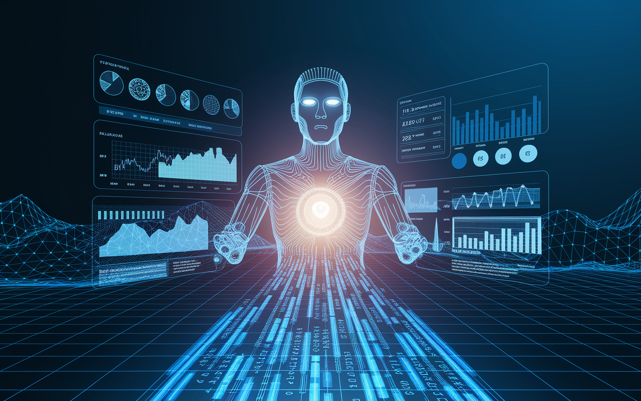 A virtual representation of an AI analyzing medical data, depicted as an abstract visual of interconnected data points and streams flowing towards a glowing central AI core. Charts and statistics emerge dynamically around it, representing various medical metrics being evaluated in real time. The background is filled with a futuristic digital landscape symbolizing data flow and connectivity in healthcare.