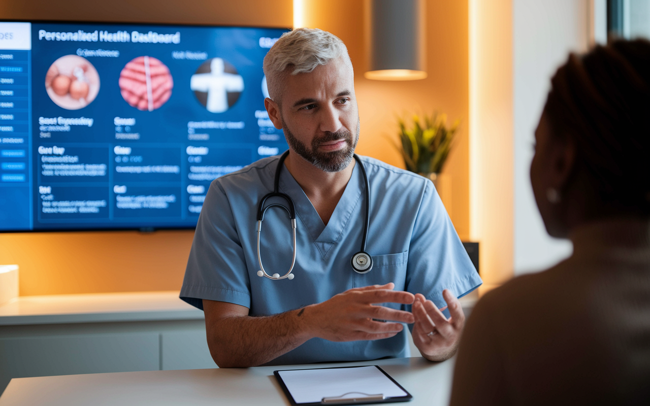 A thoughtful healthcare professional discussing treatment options with a patient in a modern consultation room. The room features a digital display showcasing a personalized health dashboard, including genetic information and tailored treatment suggestions. Warm lighting conveys a caring atmosphere, emphasizing the importance of personal connection in healthcare with advanced technology at hand.