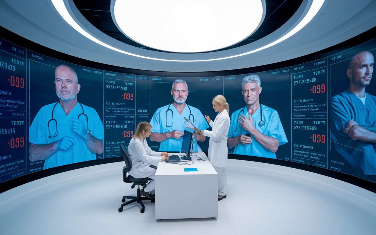 An advanced telehealth monitoring system displayed on a large screen, tracking multiple patients' vital signs in real time. Medical professionals are shown actively analyzing patient data, with visual alerts indicating potential health issues. The environment is bright and modern, symbolizing the future of telemedicine and proactive patient monitoring.