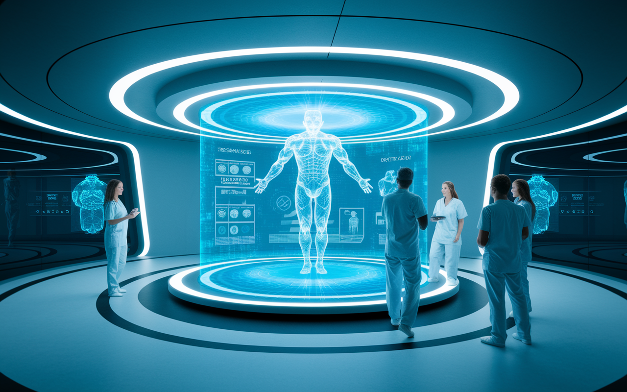 A futuristic hospital environment showcasing the integration of AI and predictive analytics in patient care. Medical professionals collaborate around a holographic display presenting aggregated patient data and predictive health trends. The design is sleek and innovative, featuring advanced technologies and patients engaged in their health journey, embodying a collaborative and empowered healthcare future.