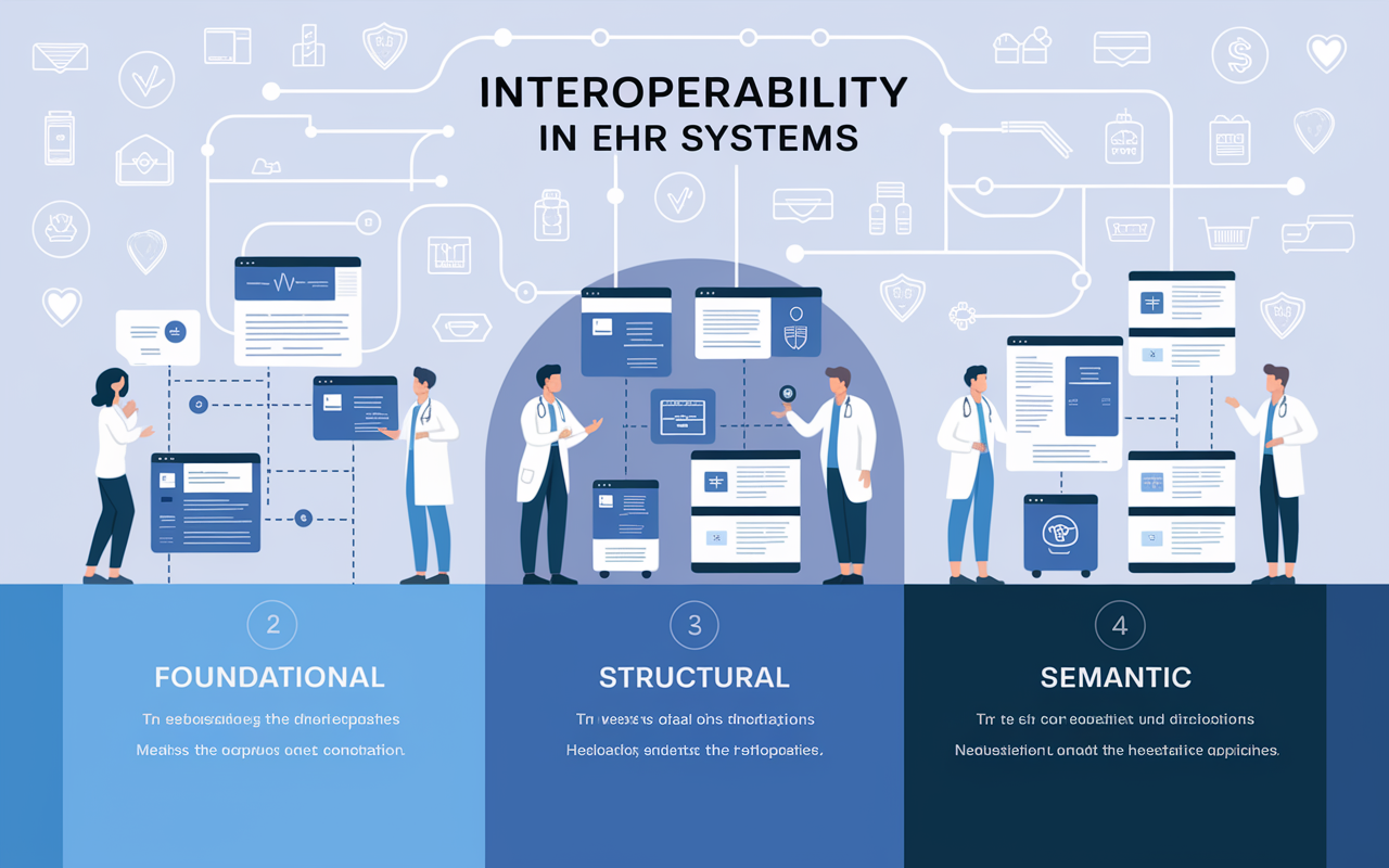 An infographic-style visual displaying the three levels of interoperability in EHR systems: Foundational, Structural, and Semantic. Each level is illustrated with engaging icons and connections showing data flow between different healthcare applications. The background features a light gradient with healthcare symbols, ensuring clarity and understanding of the concepts. The overall aesthetic is modern and informative, crafted in a digital illustration style.