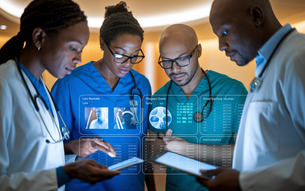 A diverse team of healthcare providers gathered around a digital tablet in a well-lit hospital room, reviewing comprehensive patient histories. The scene captures a physician, a nurse, and a pharmacist discussing the data, with visual depictions of lab results, imaging studies, and medication lists projected on the tablet. The atmosphere is collaborative and focused, highlighting the importance of teamwork in decision-making. Warm lighting adds a welcoming touch.