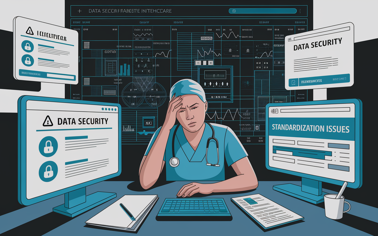 A conceptual artwork depicting the challenges of interoperability in healthcare. The scene includes a healthcare professional looking frustrated while surrounded by disjointed EHR screens and warning signs like 'Data Security' and 'Standardization Issues'. The background displays a chaotic mix of medical data and symbols, representing the complexities and resistance in the current EHR landscape. The color palette is moody and introspective, reflecting the hurdles present in achieving interoperability.