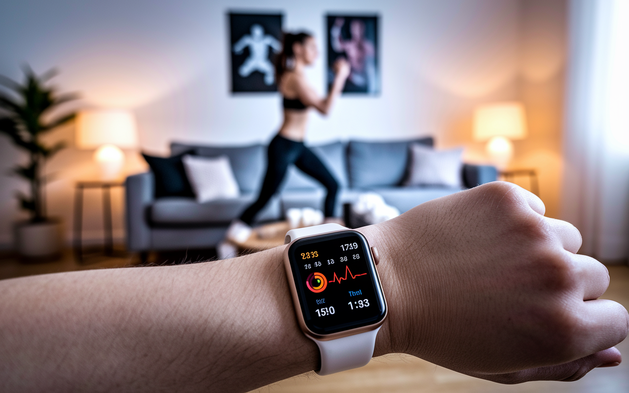 A close-up view of a smartwatch on a wrist, displaying real-time vitals like heart rate and blood pressure. The background should be a cozy living room where a person is casually engaged in fitness activities, illustrating the integration of technology in daily life. Soft, warm lighting creates an inviting atmosphere, with motivational fitness posters subtly on the walls.