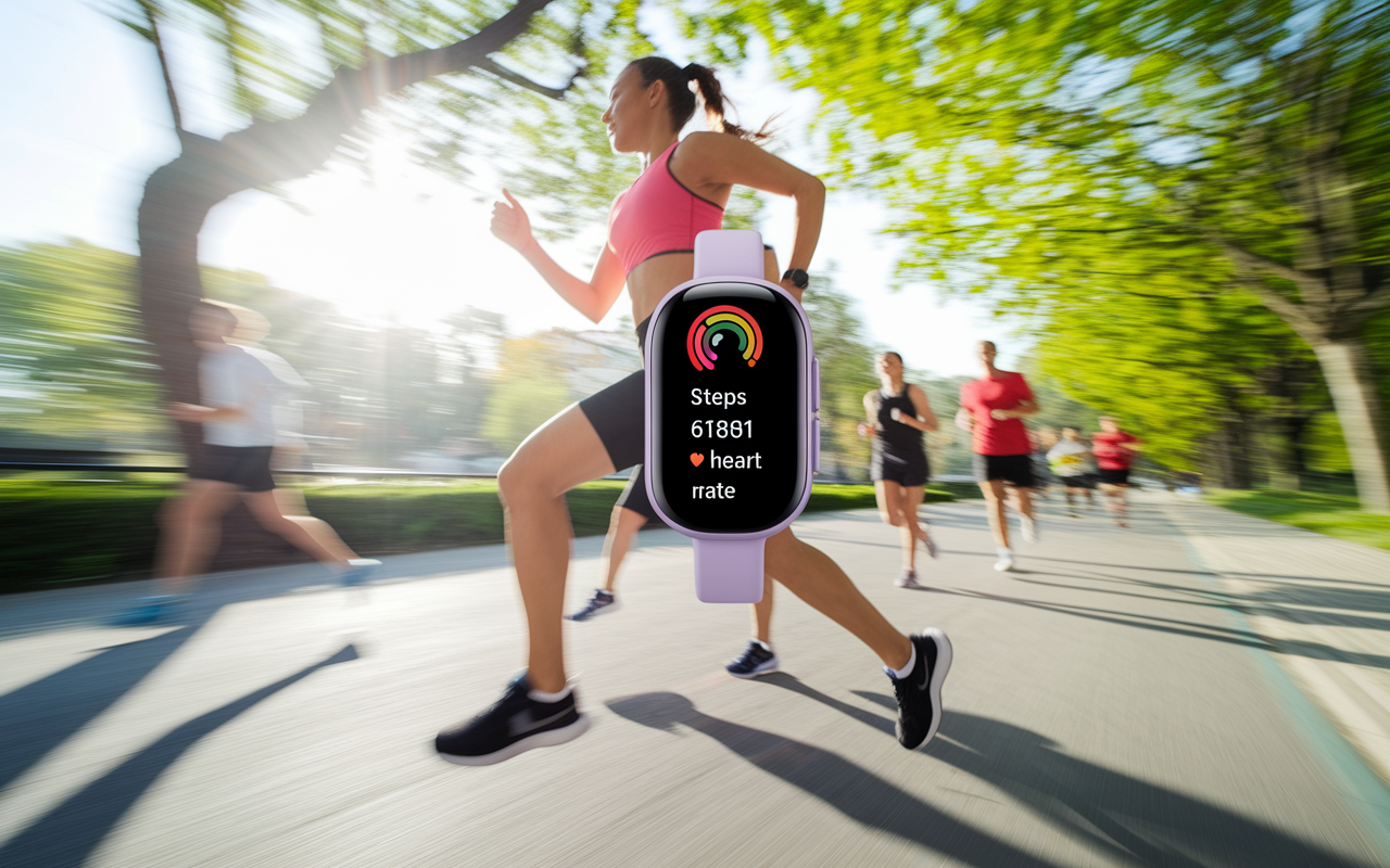 Dynamic scene of a user jogging outdoors while wearing a fitness tracker. The tracker displays metrics regarding steps, calories burned, and heart rate. The environment is bright and energizing, showcasing a sunny day in a vibrant park filled with trees and fellow joggers, illustrating an active lifestyle enhanced by technology.