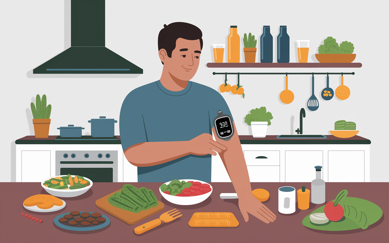 An illustrative setup showing a person checking a Continuous Glucose Monitor (CGM) on their arm in a kitchen setting. The monitor should display glucose levels accurately. The individual appears relieved and empowered, indicating proactive management of their diabetes, with healthy foods and meal-prepping tools scattered around.