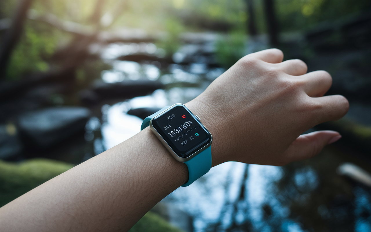 A contemplative scene featuring a person wearing a mental health monitoring wearable in a tranquil outdoor setting, surrounded by nature. The device is subtly showing metrics related to heart rate and stress levels. Soft lighting highlights relaxation, with serene elements like trees and a gentle stream, suggesting peace and wellness.