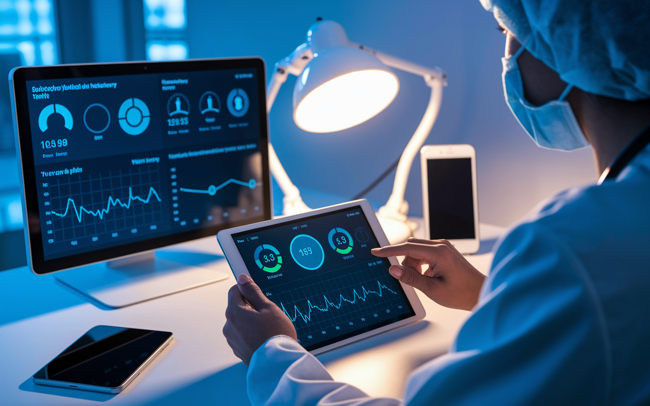 A healthcare professional using a tablet to remotely monitor patients using wearable devices. The setting is a modern clinic, with displays showing real-time health metrics and graphs. A warm light casts an approachable atmosphere, illustrating collaboration between technology and healthcare for patient wellbeing.