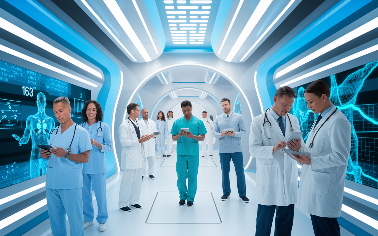 A futuristic healthcare scene with a diverse group of healthcare professionals and patients interacting through wearable technology. Patients wear devices that display their health metrics, while doctors review data on tablets. The setting is modern and bright, filled with advanced displays and interactive screens showcasing health trends, symbolizing collaboration and innovation in healthcare.