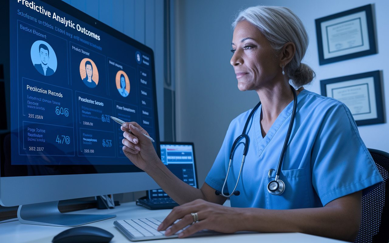 An interactive scenario where a healthcare provider reviews a digital dashboard displaying predictive analytics for patient outcomes. The screen shows patient records and probabilities of readmission events. The clinician, a middle-aged woman, appears focused, with a pen in hand, ready to implement personalized treatment plans. The office is well-lit with certifications on the wall, projecting an efficient and professional atmosphere.