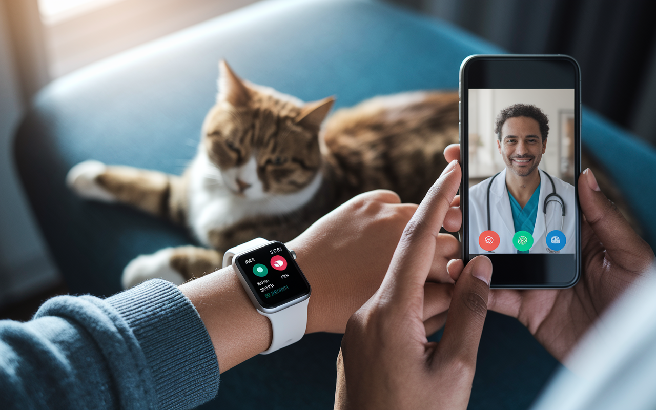 A serene home environment where a patient is seen wearing a smartwatch that displays real-time health metrics. On the phone beside them, a healthcare provider monitors the data, engaged in a video call. Ambient light filters through the window, creating a peaceful atmosphere, while a pet cat rests nearby, symbolizing comfort and technology in daily life. The smartwatch glows softly, highlighting its advanced features.