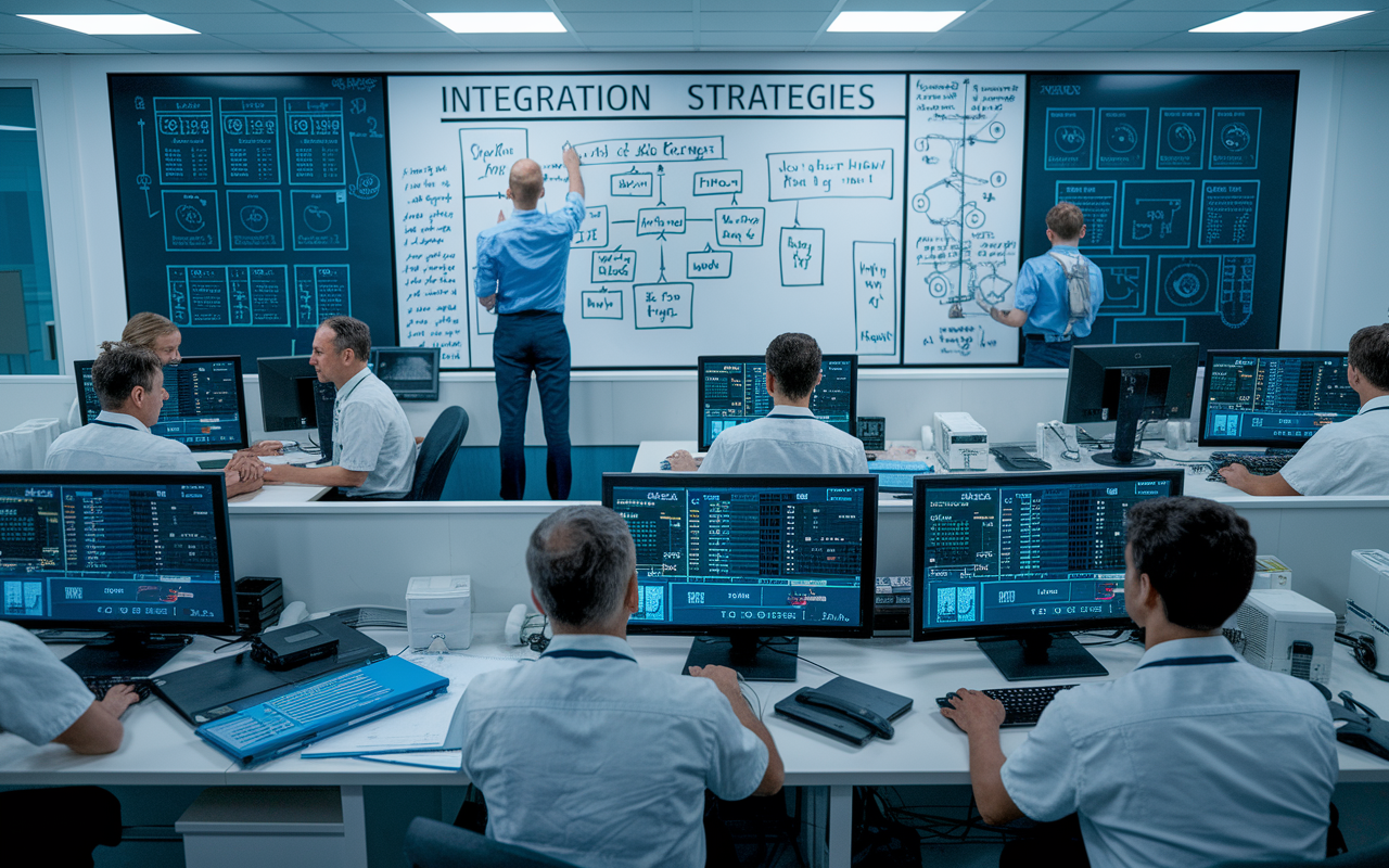 A busy hospital IT department where technicians are working on computer systems. One technician stands by a large whiteboard filled with integration strategies, while others are seated at their desks looking at screens displaying older healthcare systems. The atmosphere is tense yet focused, with blueprints and programmer notes scattered around, highlighting the struggle of merging traditional and AI-driven systems.