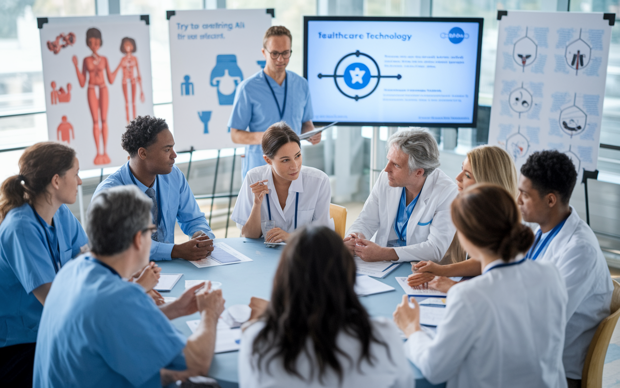 A training workshop for healthcare professionals focused on AI technology. A facilitator presents information on a screen, while engaged attendees, varying in age and backgrounds, discuss in small groups. The room is brightly lit with medical posters, showcasing a collaborative environment aimed at fostering understanding of AI in the healthcare sector.