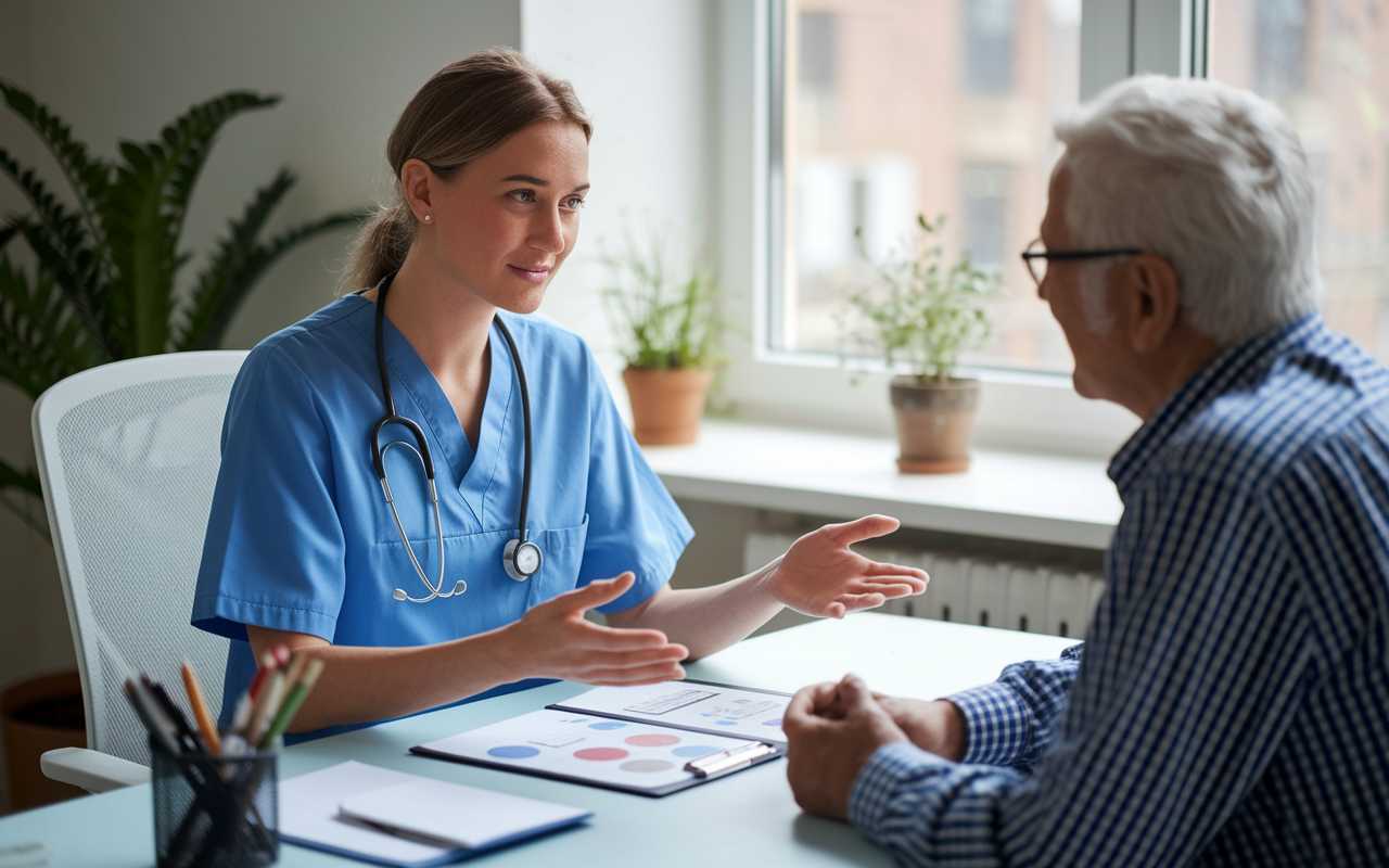 A compassionate healthcare professional sitting at a desk in a bright office, discussing with a patient. The patient, an elderly man, appears engaged and comforted as the provider explains treatment options using visual aids. The room has plants and natural light streaming through the window, creating a warm and welcoming atmosphere that emphasizes the importance of clear and empathetic communication.