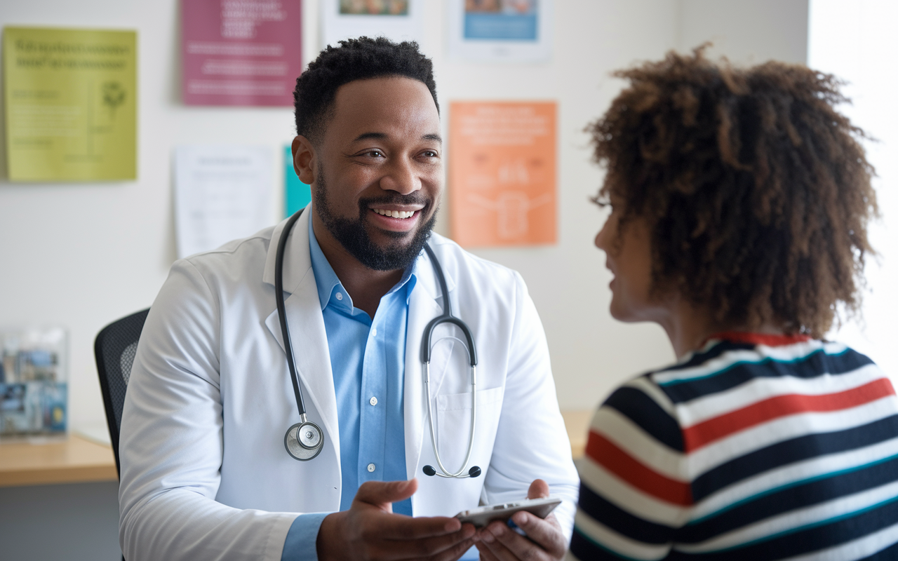 A dedicated physician engaged in a friendly conversation with a patient from a diverse cultural background in a consultation room. The room features informative materials that reflect various cultures and health practices. Soft natural light illuminates the setting, highlighting the importance of cultural competence in patient care.