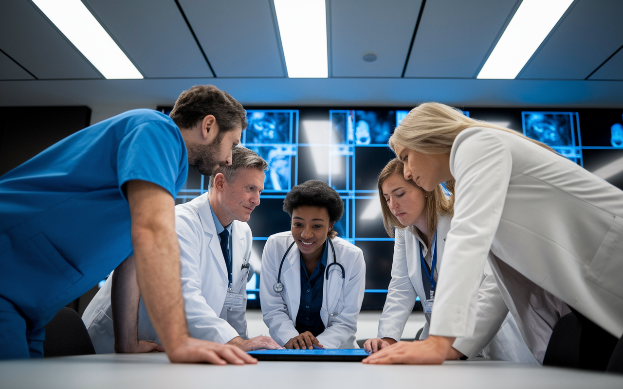 A group of healthcare professionals huddled around a table, engaging in a lively discussion over a complex medical case. The setting is a modern conference room with a large screen displaying diagnostic images. The expressions on their faces reflect concentration and collaboration. Bright overhead lights illuminate the room, indicating an atmosphere of teamwork and innovative thinking.