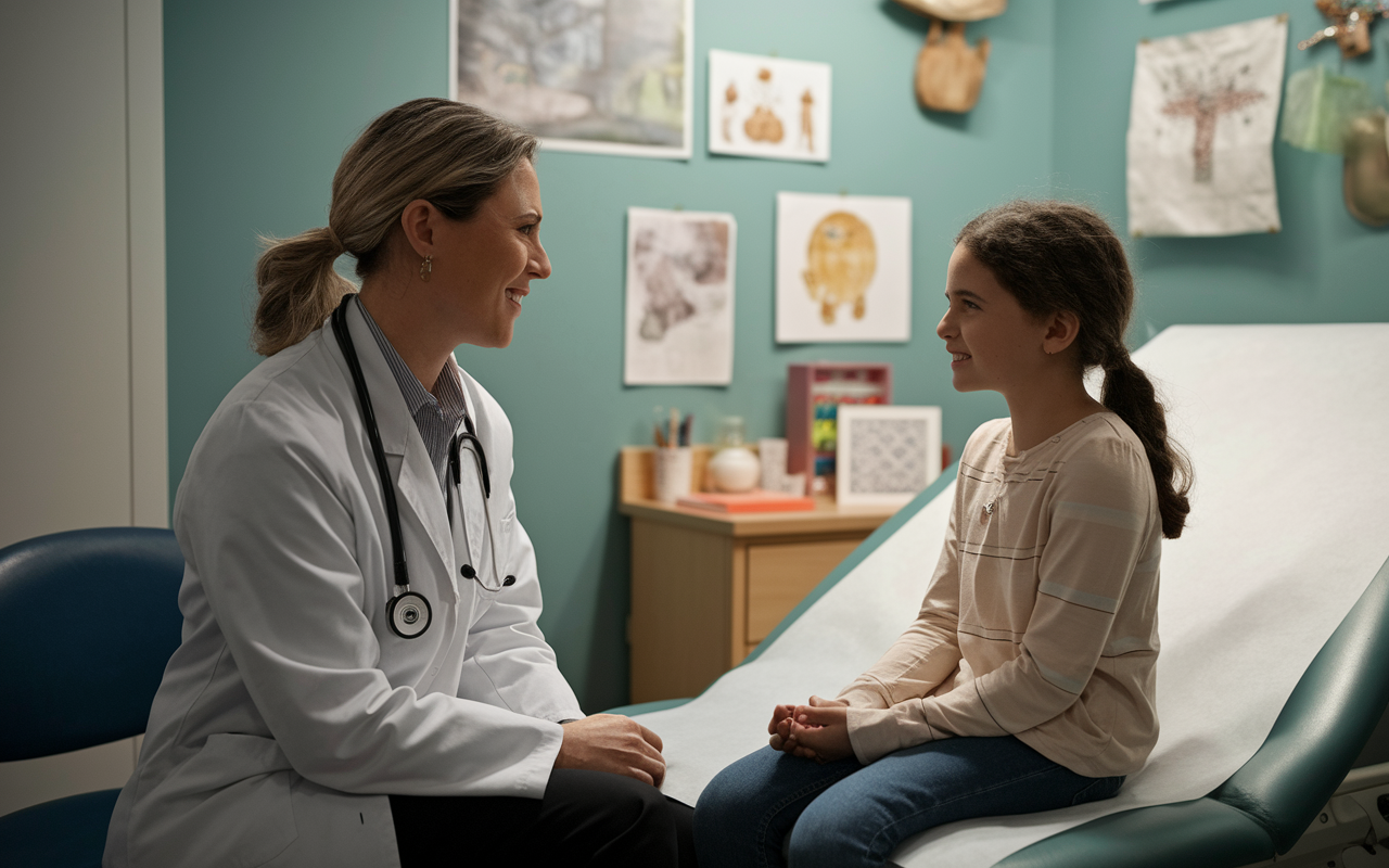 A caring physician sitting across from a young patient in a cozy examination room, listening attentively as the patient shares her concerns. The walls are decorated softly, with drawings and educational materials visible. Soft lighting enhances the room's warmth, portraying a connection based on empathy and understanding.