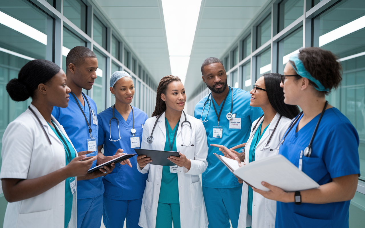 A dynamic and diverse healthcare team gathered in a hospital corridor, discussing patient care strategies. Each member, wearing scrubs and lab coats, represents different specialties. Their faces show determination and camaraderie, with charts and medical equipment in hand. Bright overhead lights and large windows create a sense of transparency and openness, symbolizing collaboration in patient care.