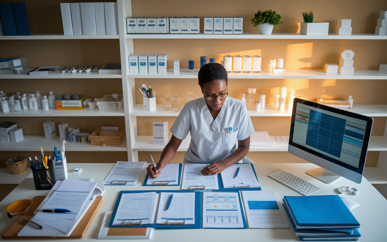 A busy medical professional at a well-organized workstation filled with patient records, medical charts, and a computer displaying electronic health records. The environment is clean and visually structured, with shelves holding medical supplies neatly. Warm lighting enhances the focus on the individual, who is seen efficiently managing their time and tasks.