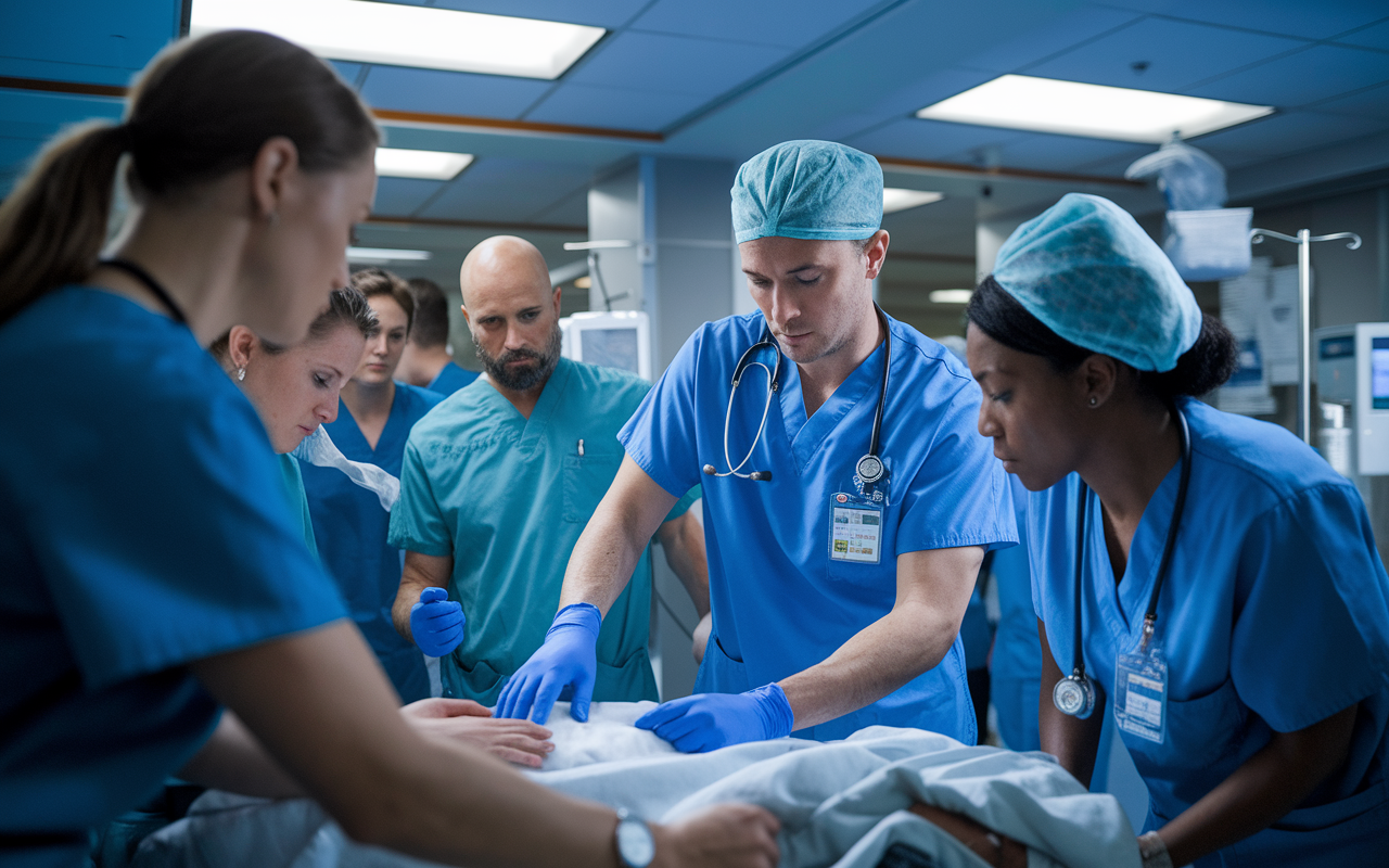 A medical professional demonstrating resilience by calmly addressing an emergency scenario in a hospital setting. The scene features a bustling ER with staff actively engaged while the provider assesses the situation with poise. Strong lighting highlights the quick actions and focused expressions of the team, capturing the essence of adaptability in a crisis.