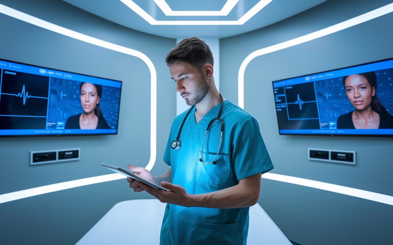 A young physician proficient in technology, working with a digital tablet while standing in a modern patient examination room. On the walls are screens displaying diagnostic data and telemedicine capabilities. The lighting is bright and contemporary, highlighting the integration of technology in everyday medical practice.