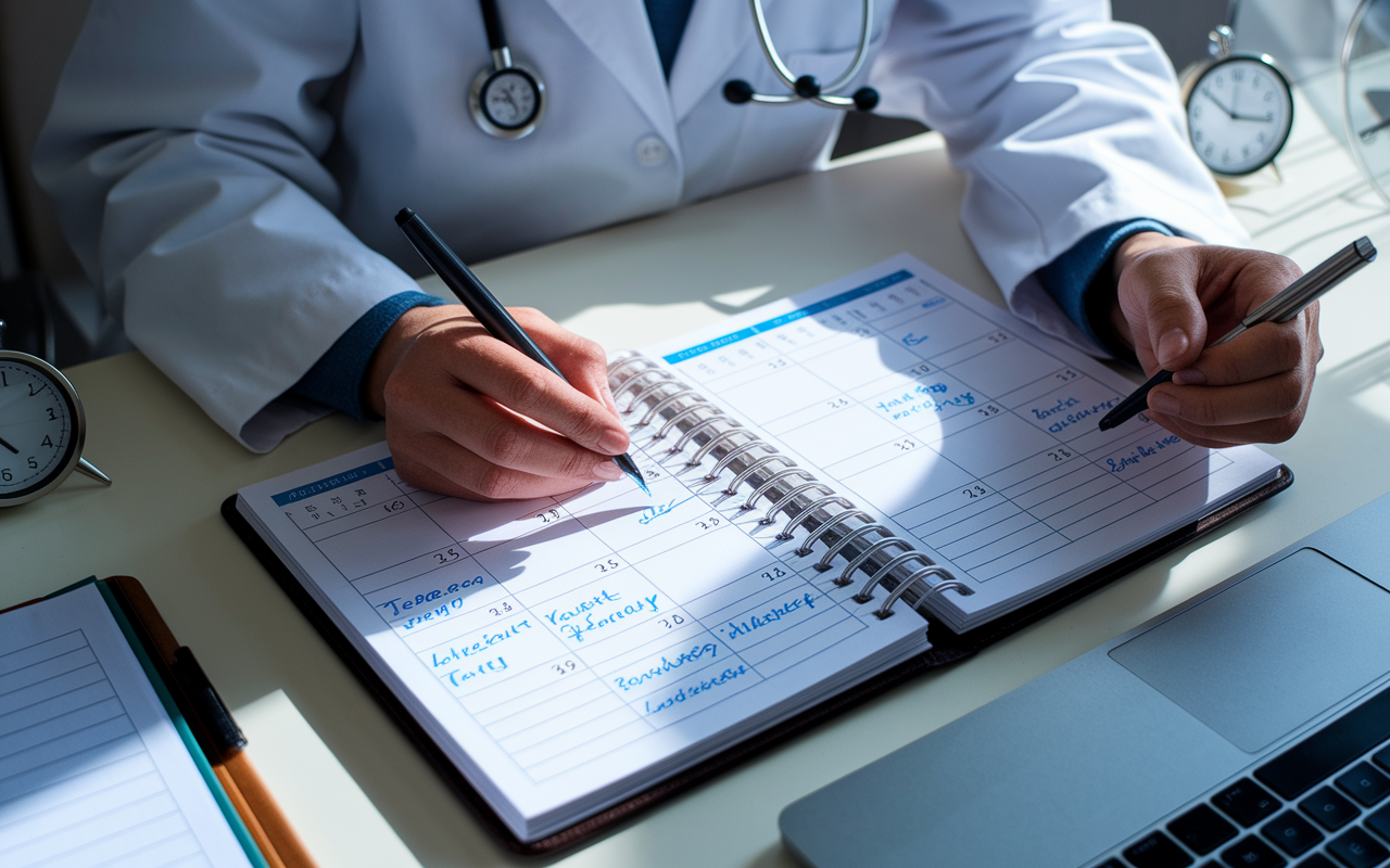 A busy physician meticulously managing their schedule, with a digital planner open on their desk filled with patient appointments, reminders, and notes. The office is tidy, with clocks showing different times, reflecting the urgency of medical practice. Ambient lighting casts a focus on the planning process, emphasizing the importance of time management in healthcare.