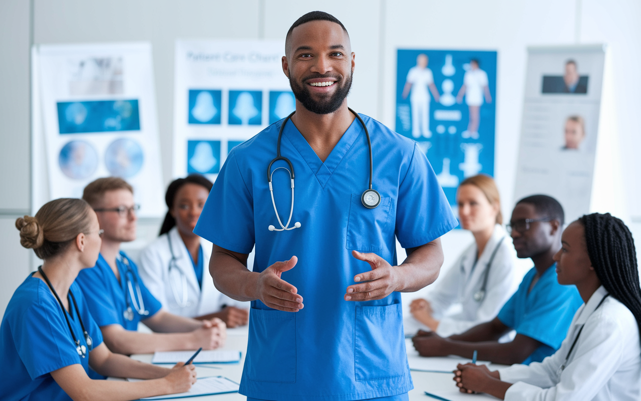 A confident healthcare leader standing at the forefront of a team meeting, addressing a group of diverse healthcare professionals. The backdrop includes visual aids and patient care charts, suggesting an active discussion. The environment is bright and professional, emphasizing the leader's role in guiding the team towards better patient outcomes.