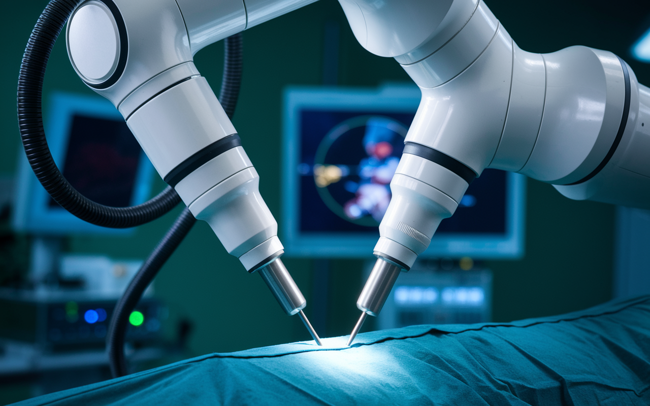 A close-up image of a robotic surgical arm showcasing its intricate design and flexibility. The arm is equipped with a precise surgical tool, highlighting its ability to maneuver in tight spaces. Soft focused background of an operating room conveys a sense of high-tech surgery, with tools and screens subtly blurred.