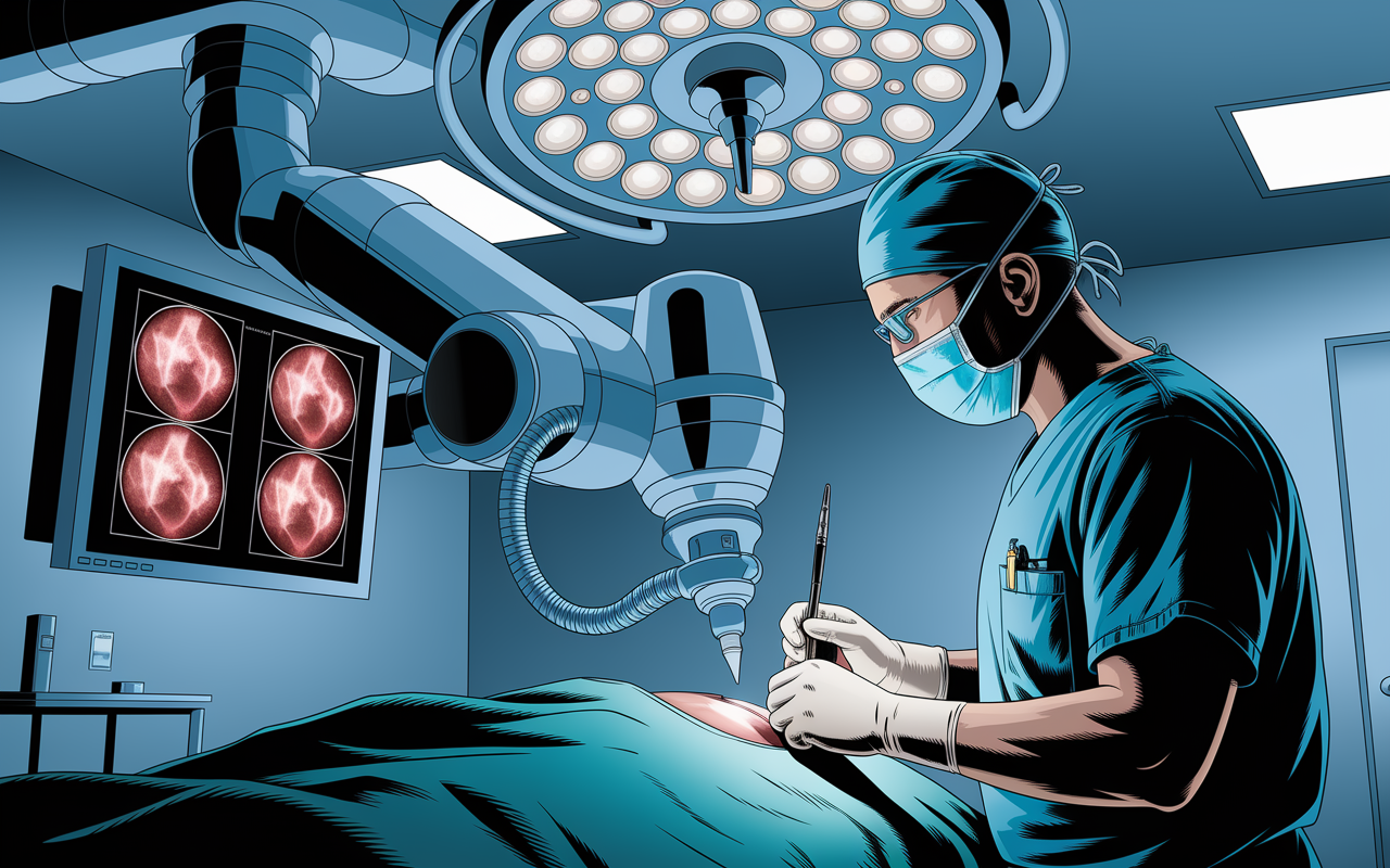 Illustration of a surgeon performing a robotic-assisted laparoscopic prostatectomy, with a visible robotic system and a display showing surgical images. The environment is bright and sterile, emphasizing the precision and advanced technology involved in the procedure. The surgeon's focused expression reflects intense concentration and expertise.